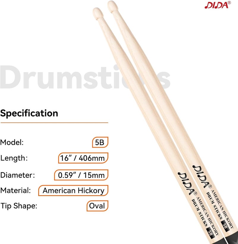 DIDA Drum Sticks, American Hickory Drumsticks, Drumsticks for Drum, Non-Slip Grip, Percussion Drumsticks for Professional, Live Performance & Drum Kit Practice Accessories (1 Pair, 5B) - Image 2